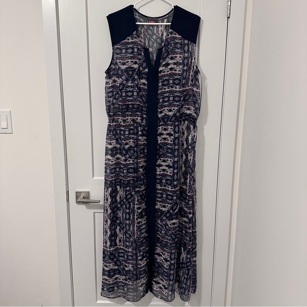 Vince Camuto Blue Purple Tribal Print Sheet Maxi Dress With Slip Size XL Women’s